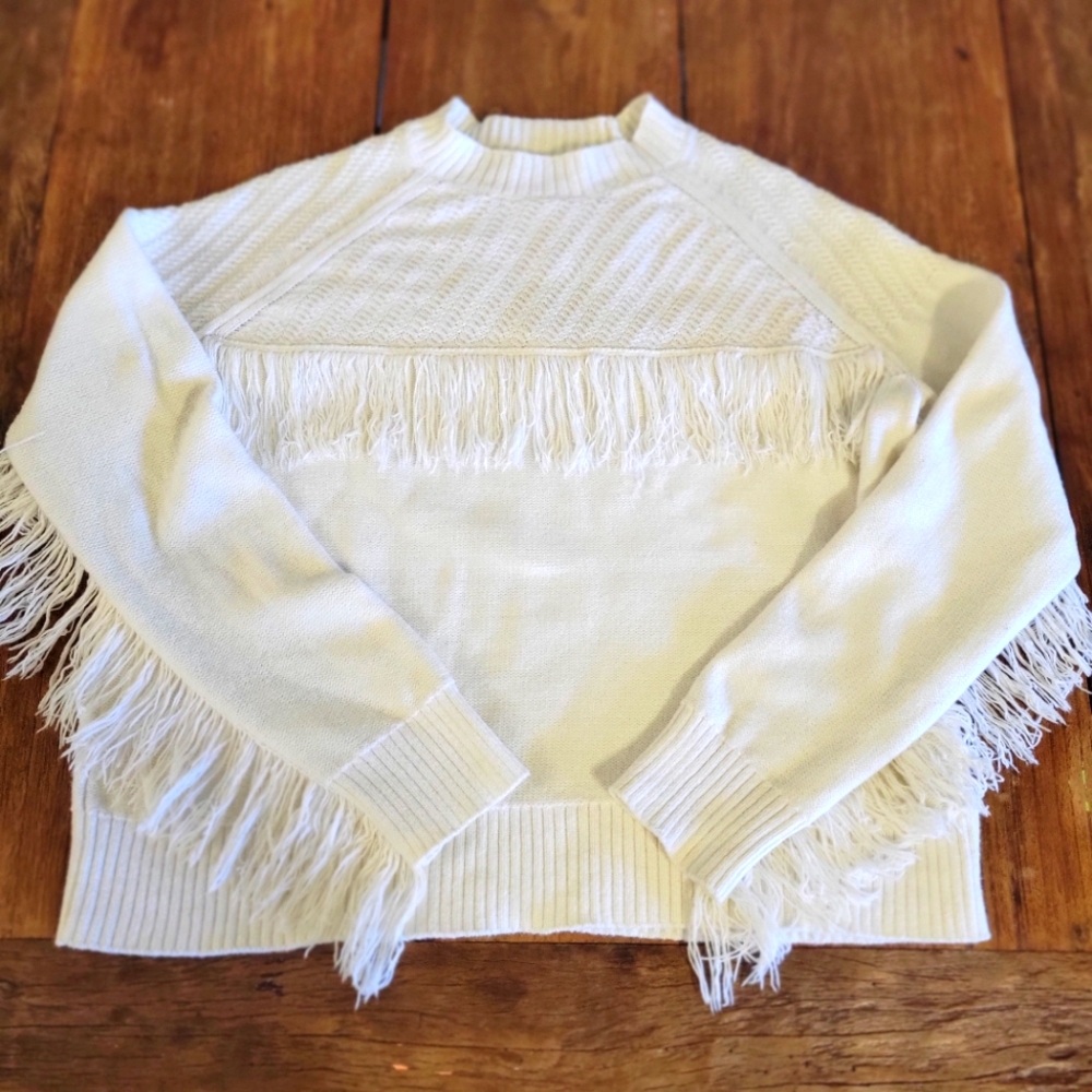 FRAME Women's Off-White Crew Neck Cotton Blend Fringed Sweater